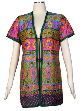 Vintage 60s 70s Colorful Quilted Jacket Boho Mod Floral Print Handmade L